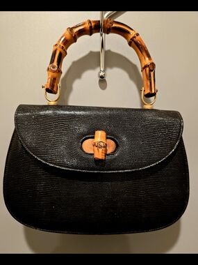 Black Textured Satchel with Bamboo Handle